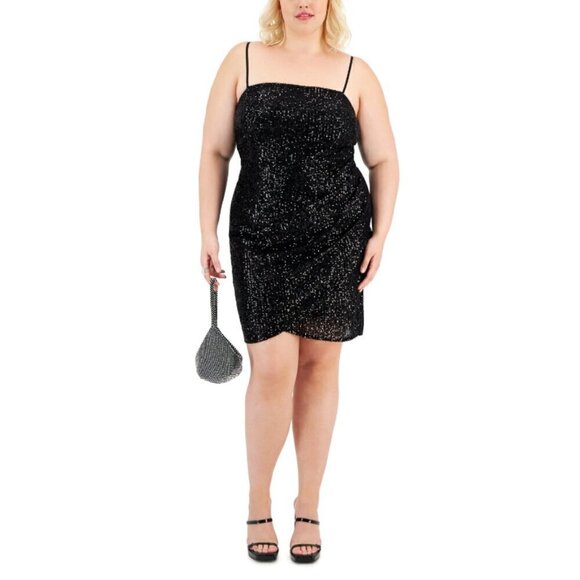 EMERALD SUNDAE Plus Size Black Sequin Ruched Mini Party Dress NWT - Picture 1 of 5